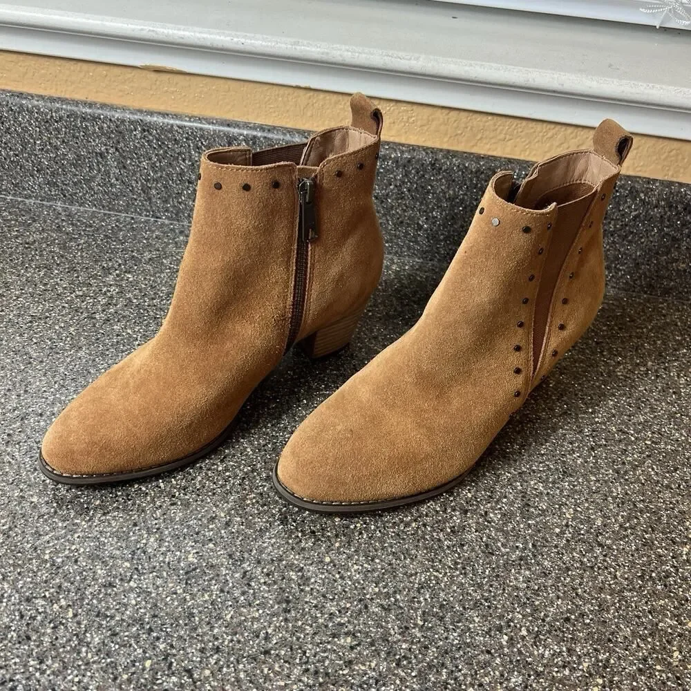 Vionic Rust/Tan Suede Ankle Bootie Zip Womens 7.5 Wide Block Heel Comfort Casual